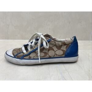 Coach Women Sneakers Sz 7 7B Logo Brown Canvas Blue Leather Trim